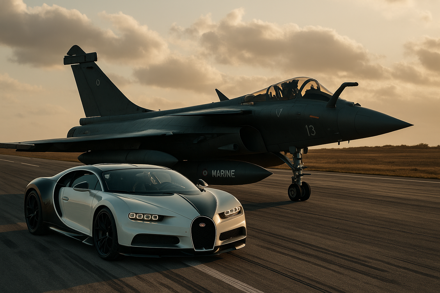 Sur une piste d’aviation au crépuscule, une Bugatti Chiron, voiture de sport de luxe noire avec une bande blanche centrale, est garée aux côtés d’un avion de chasse Rafale M de la Marine nationale française. L’image met en contraste deux symboles d’ingénierie de haute performance : l’élégance automobile face à la puissance militaire. Le ciel est légèrement voilé par des nuages dorés par la lumière du coucher du soleil, créant une atmosphère dramatique et dynamique. La scène évoque à la fois vitesse, précision et excellence technologique.